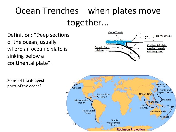 Ocean Trenches – when plates move together. . . Definition: “Deep sections of the