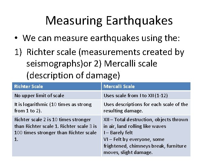 Measuring Earthquakes • We can measure earthquakes using the: 1) Richter scale (measurements created