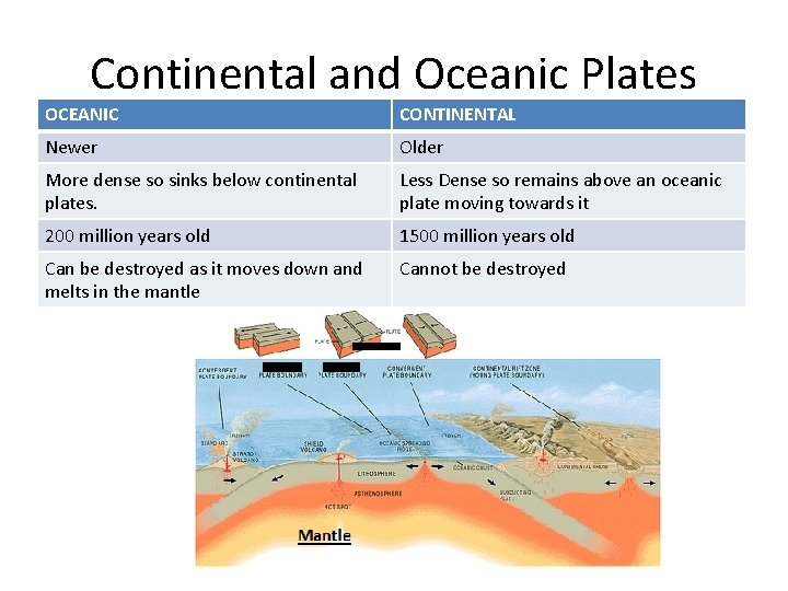 Continental and Oceanic Plates OCEANIC CONTINENTAL Newer Older More dense so sinks below continental