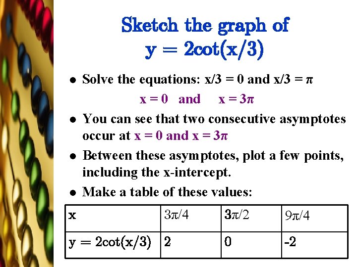 Sketch the graph of y = 2 cot(x/3) l l x Solve the equations: