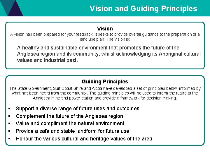 Vision and Guiding Principles Vision A vision has been prepared for your feedback. It