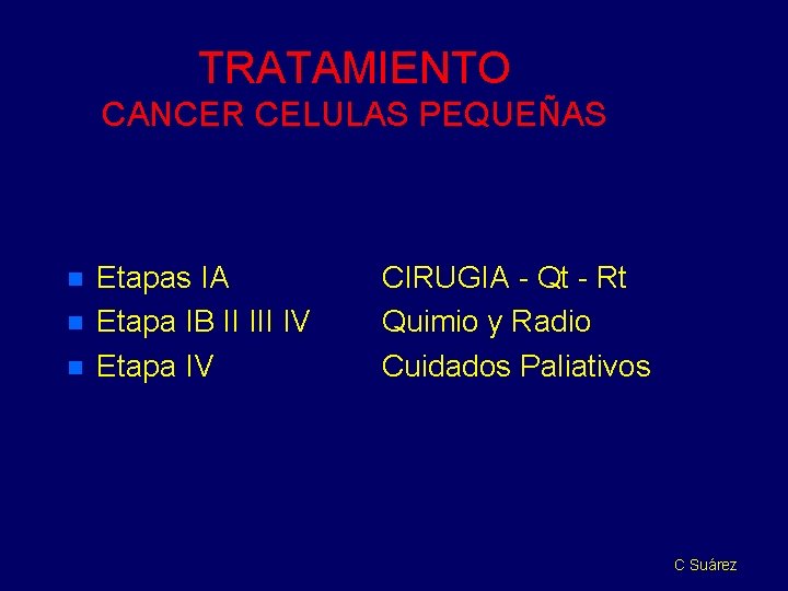 TRATAMIENTO CANCER CELULAS PEQUEÑAS n n n Etapas IA Etapa IB II IV Etapa