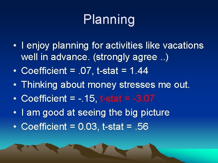 Planning • I enjoy planning for activities like vacations well in advance. (strongly agree.