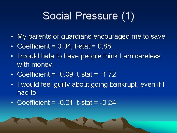 Social Pressure (1) • My parents or guardians encouraged me to save. • Coefficient