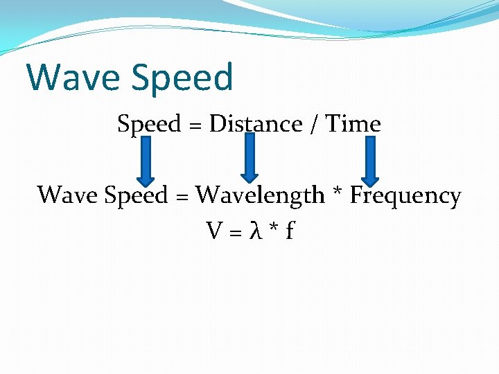 Wave Speed = Distance / Time Wave Speed = Wavelength * Frequency V=λ*f 