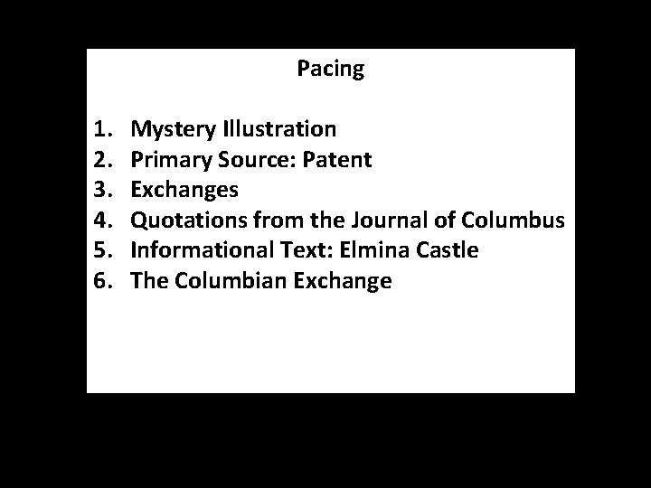 Pacing 1. 2. 3. 4. 5. 6. Mystery Illustration Primary Source: Patent Exchanges Quotations