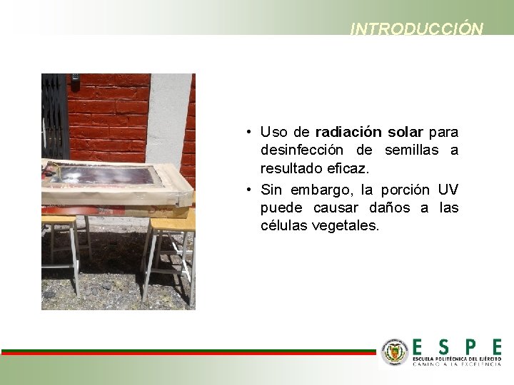 INTRODUCCIÓN • Uso de radiación solar para desinfección de semillas a resultado eficaz. •