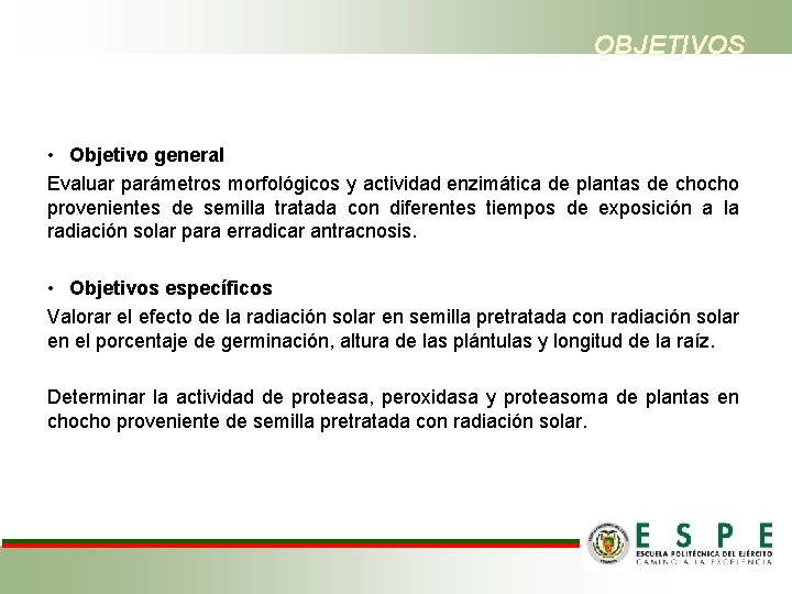 OBJETIVOS • Objetivo general Evaluar parámetros morfológicos y actividad enzimática de plantas de chocho