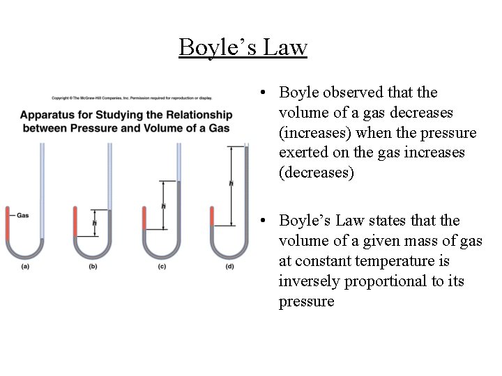 Boyle’s Law • Boyle observed that the volume of a gas decreases (increases) when