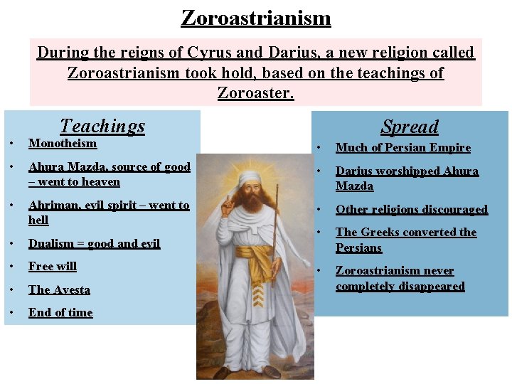 Zoroastrianism During the reigns of Cyrus and Darius, a new religion called Zoroastrianism took