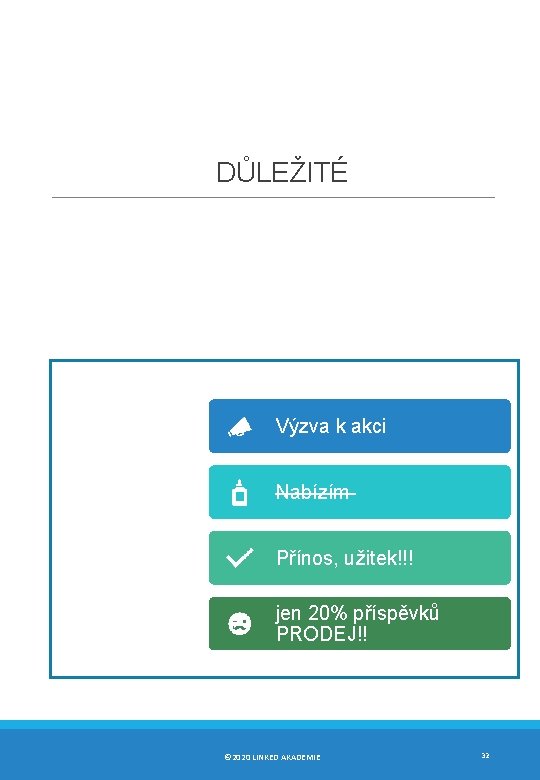 DŮLEŽITÉ Výzva k akci Nabízím Přínos, užitek!!! jen 20% příspěvků PRODEJ!! © 2020 LINKED