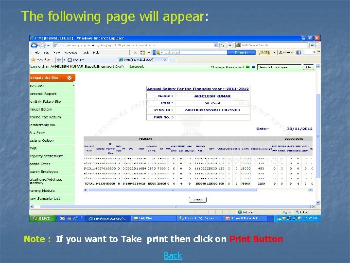 The following page will appear: Note : If you want to Take print then