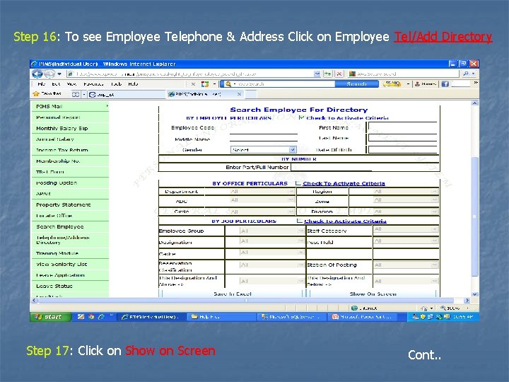 Step 16: To see Employee Telephone & Address Click on Employee Tel/Add Directory Step