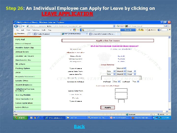 Step 26: An Individual Employee can Apply for Leave by clicking on LEAVE APPLICATION