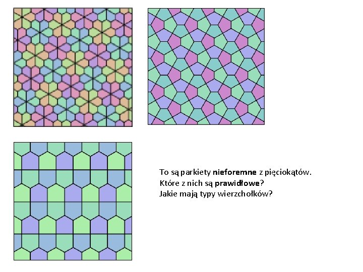 To są parkiety nieforemne z pięciokątów. Które z nich są prawidłowe? Jakie mają typy