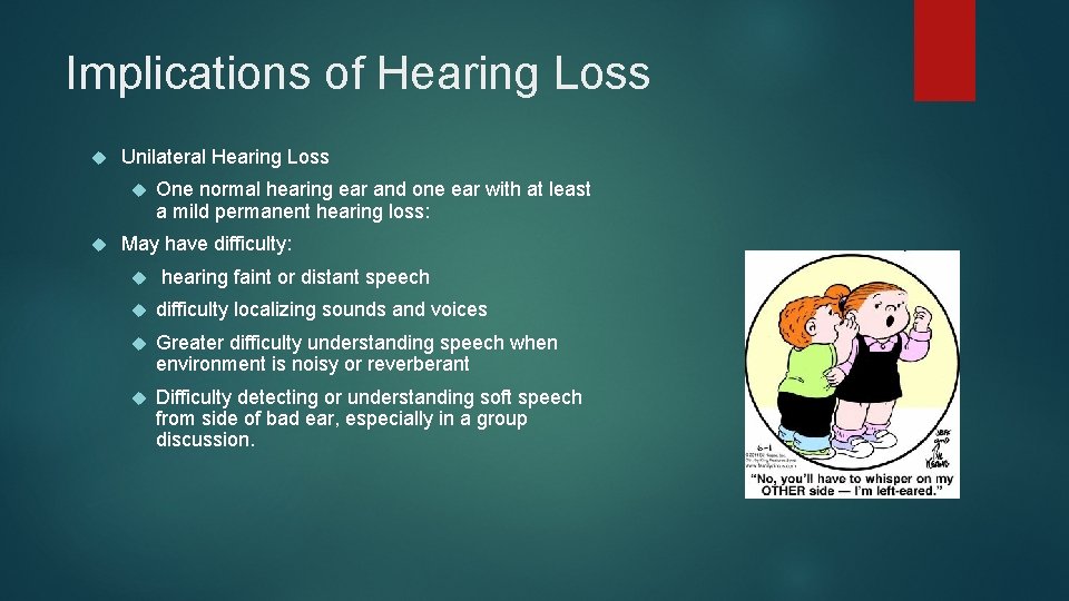 Implications of Hearing Loss Unilateral Hearing Loss One normal hearing ear and one ear