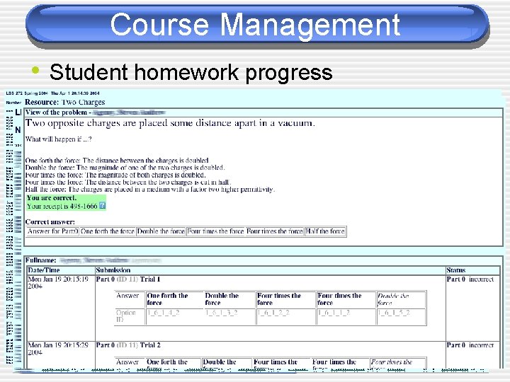 Course Management • Student homework progress 