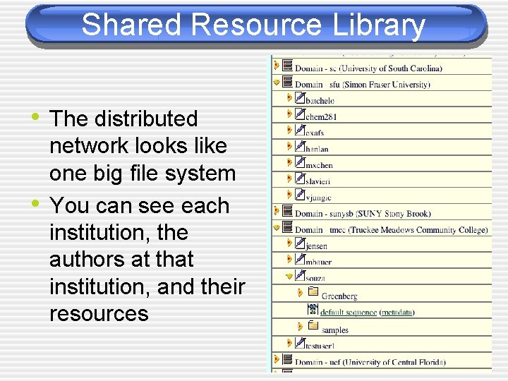 Shared Resource Library • The distributed • network looks like one big file system