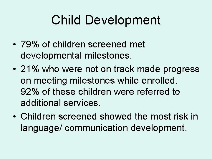 Child Development • 79% of children screened met developmental milestones. • 21% who were