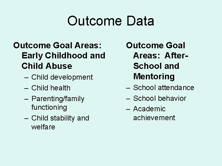 Outcome Data Outcome Goal Areas: Early Childhood and Child Abuse – Child development –