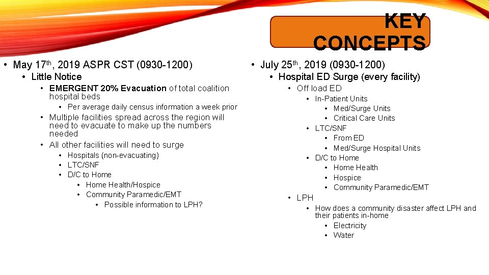 KEY CONCEPTS • May 17 th, 2019 ASPR CST (0930 -1200) • Little Notice
