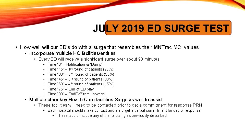 JULY 2019 ED SURGE TEST • How well will our ED’s do with a