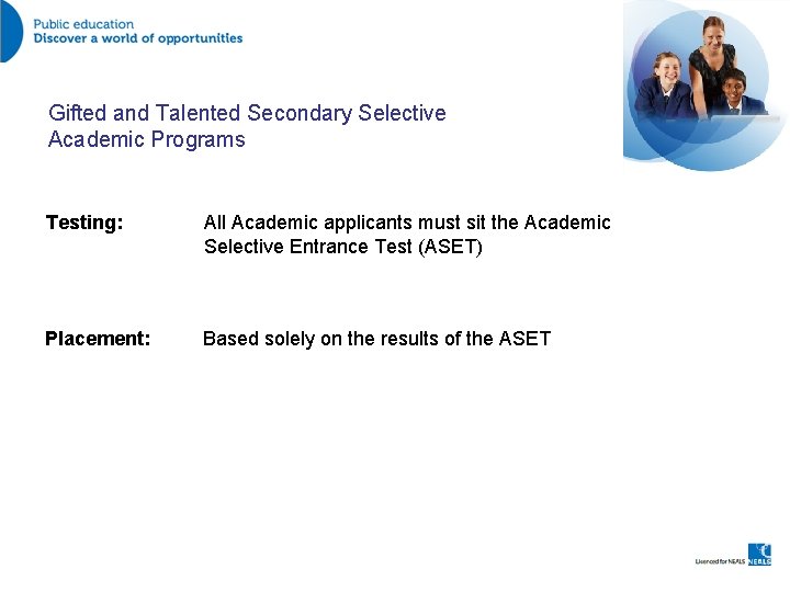 Gifted and Talented Secondary Selective Academic Programs Testing: All Academic applicants must sit the