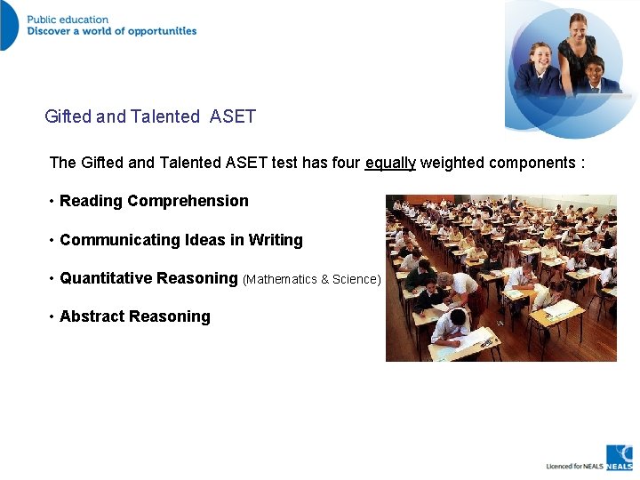 Gifted and Talented ASET The Gifted and Talented ASET test has four equally weighted