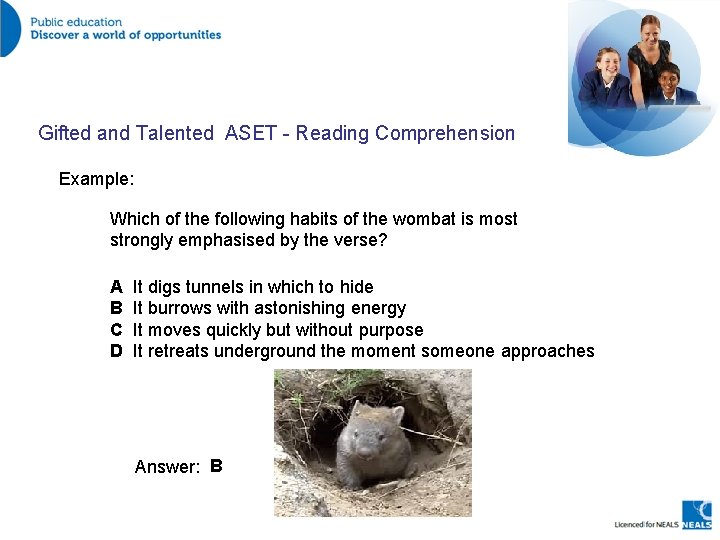 Gifted and Talented ASET - Reading Comprehension Example: Which of the following habits of