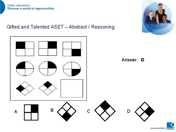 Gifted and Talented ASET – Abstract / Reasoning Answer: D A B C D