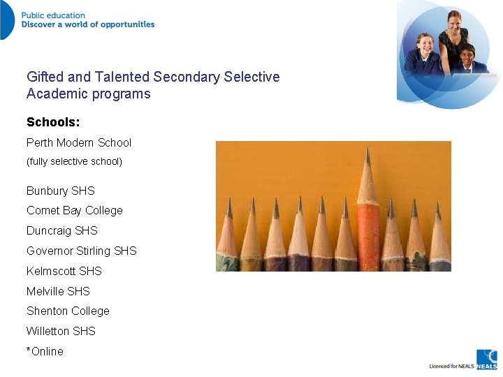 Gifted and Talented Secondary Selective Academic programs Schools: Perth Modern School (fully selective school)