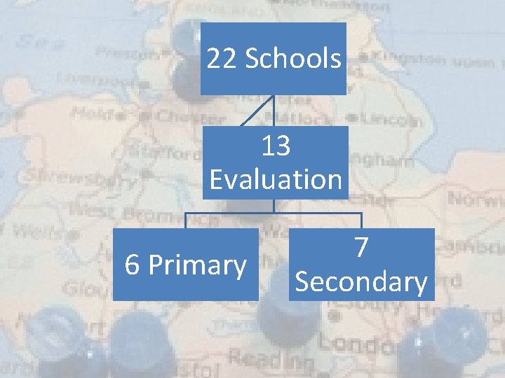 22 Schools 13 Evaluation 6 Primary 7 Secondary 