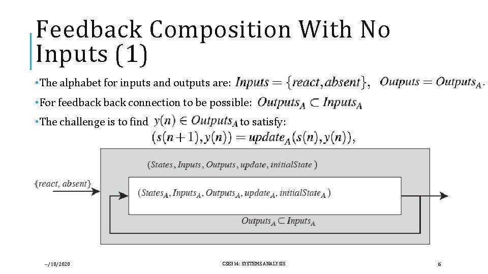 Feedback Composition With No Inputs (1) • The alphabet for inputs and outputs are: