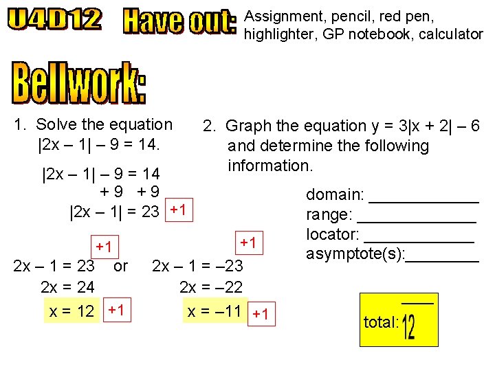 Assignment, pencil, red pen, highlighter, GP notebook, calculator 1. Solve the equation |2 x