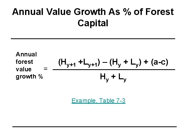 Annual Value Growth As % of Forest Capital Annual forest value = growth %
