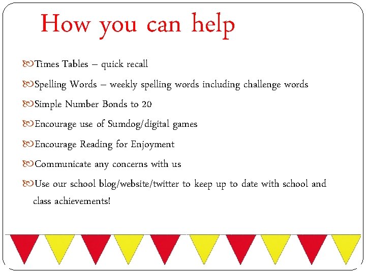 How you can help Times Tables – quick recall Spelling Words – weekly spelling