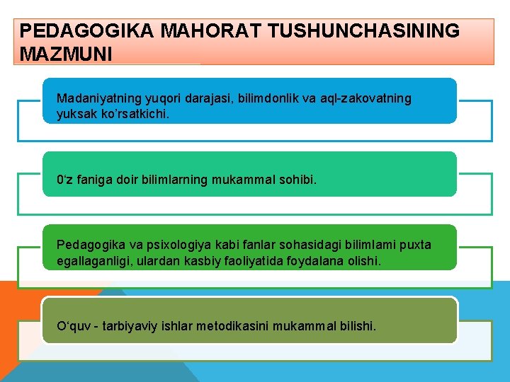 PEDAGOGIKA MAHORAT TUSHUNCHASINING MAZMUNI Madaniyatning yuqori darajasi, bilimdonlik va aql-zakovatning yuksak ko’rsatkichi. 0‘z faniga