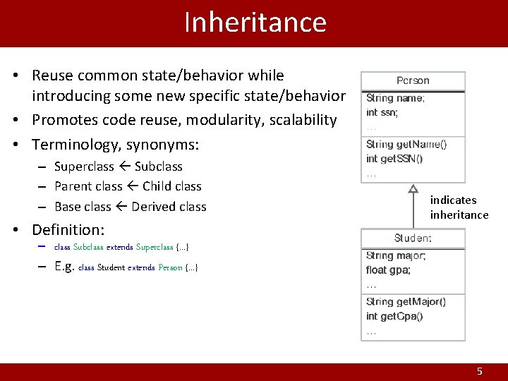 Inheritance • Reuse common state/behavior while introducing some new specific state/behavior • Promotes code