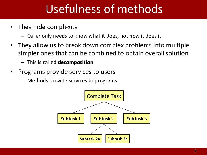 Usefulness of methods • They hide complexity – Caller only needs to know what