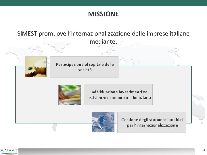 MISSIONE SIMEST promuove l’internazionalizzazione delle imprese italiane mediante: Partecipazione al capitale delle società Individuazione