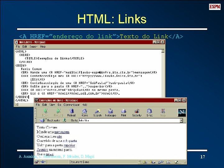 HTML: Links <A HREF=”endereço do link”>Texto do Link</A> A. Anzaloni, C. Nascimento, F. Mendes,