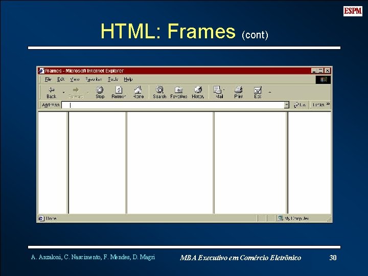 HTML: Frames (cont) A. Anzaloni, C. Nascimento, F. Mendes, D. Magri MBA Executivo em