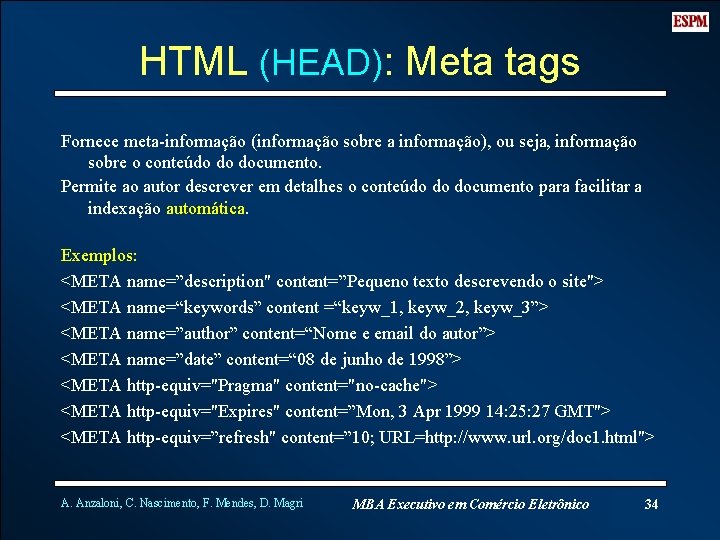 HTML (HEAD): Meta tags Fornece meta-informação (informação sobre a informação), ou seja, informação sobre