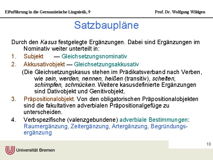 Ei 9 nführung in die Germanistische Linguistik, 9 Prof. Dr. Wolfgang Wildgen Satzbaupläne Durch