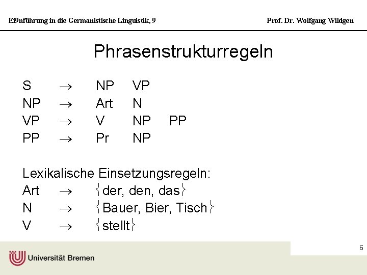 Ei 9 nführung in die Germanistische Linguistik, 9 Prof. Dr. Wolfgang Wildgen Phrasenstrukturregeln S