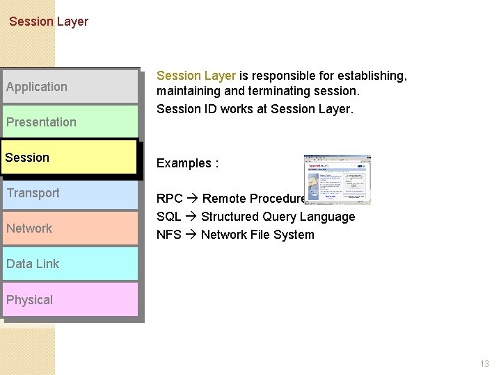 Session Layer Application Presentation Session Layer is responsible for establishing, maintaining and terminating session.