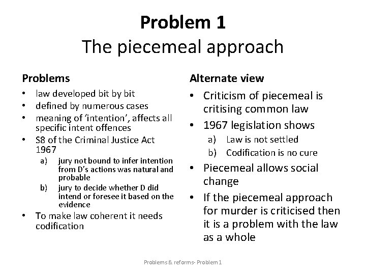 Problem 1 The piecemeal approach Problems • law developed bit by bit • defined
