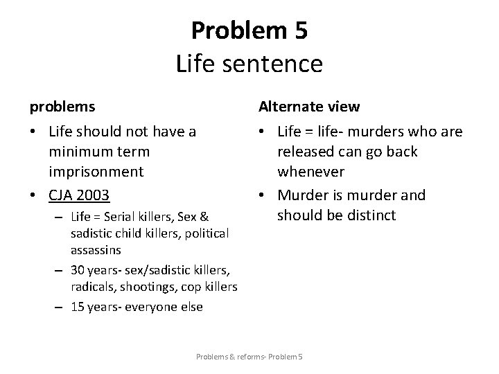 Problem 5 Life sentence problems Alternate view • Life should not have a minimum