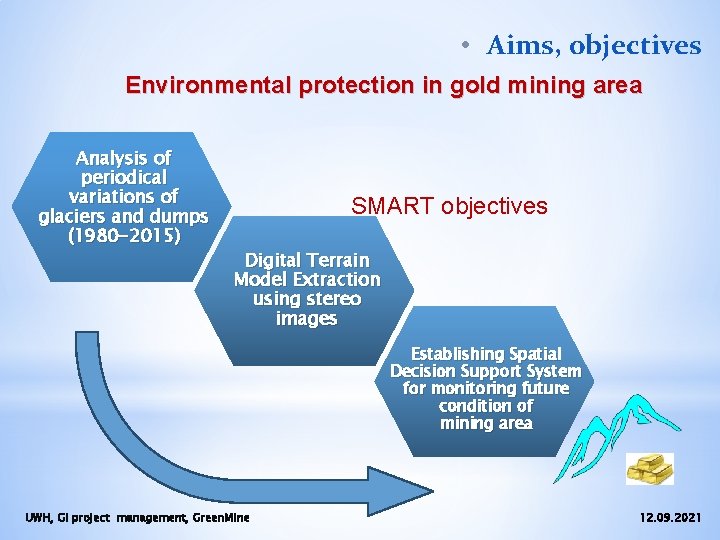  • Aims, objectives Environmental protection in gold mining area Analysis of periodical variations