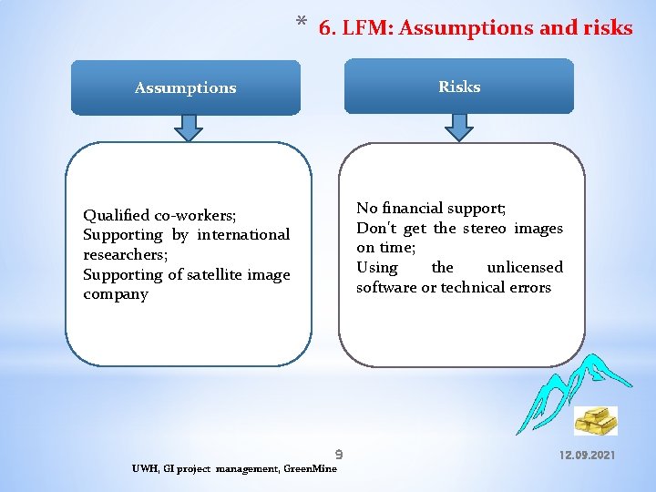 * 6. LFM: Assumptions and risks Assumptions Risks Qualified co-workers; Supporting by international researchers;
